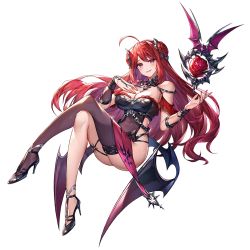 Rule 34 | ahoge, asymmetrical gloves, asymmetrical legwear, bare shoulders, bat wings, black thighhighs, blush, breasts, choker, covered navel, crossed legs, double bun, erze (king&#039;s raid), frills, full body, gloves, hair bun, hand on own chest, high heels, king&#039;s raid, large breasts, long hair, looking at viewer, nail polish, official art, open mouth, orb, red eyes, red hair, slit pupils, smile, solo, thighhighs, transparent background, uneven gloves, uneven legwear, wings, wristlet