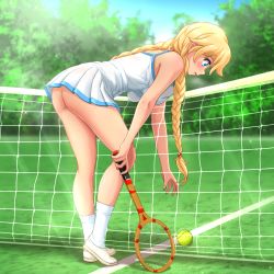 Rule 34 | 1girl, ass, ball, bare arms, bare shoulders, blonde hair, blue eyes, blue sky, blush, braid, breast press, breasts, day, dress, everlasting summer, full body, grass, highres, huyase, large breasts, leaning forward, light rays, long hair, looking away, looking down, no panties, original, outdoors, parted lips, racket, reaching, shoes, short dress, sky, slavya-chan, socks, solo, sparkle, sunbeam, sunlight, sweat, tennis ball, tennis net, tennis racket, thighs, tree, twin braids, white dress, white socks