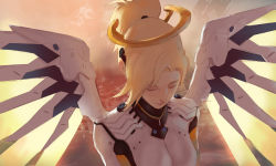 Rule 34 | 1girl, blonde hair, blush, breasts, closed eyes, from above, halo, high ponytail, highres, large breasts, mechanical halo, mechanical wings, mercy (overwatch), overwatch, overwatch 1, ponytail, quentin lecuiller, short hair, solo, spread wings, upper body, wings, yellow wings