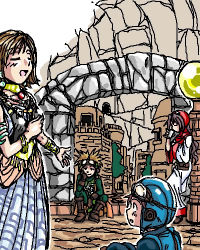 Rule 34 | 2boys, 2girls, :d, ^ ^, brown hair, building, character request, chunsoft, city, cliff, closed eyes, dragon quest, dragon quest ii, dress, enix, hanbu hantarou, helmet, lowres, machinery, mountain, multiple boys, multiple girls, open mouth, outdoors, prince of lorasia, prince of samantoria, princess of moonbrook, short hair, smile, standing, translation request, white dress