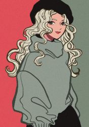 Rule 34 | 1girl, black hat, flat color, grey background, grey eyes, grey sweater, hat, limited palette, long hair, minillustration, original, red background, shadow, solo, sweater, two-tone background, upper body, white hair