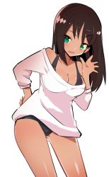 Rule 34 | 1girl, arm up, bad id, bad twitter id, black one-piece swimsuit, brown hair, caburi, character request, copyright request, green eyes, hand on own hip, highres, long hair, no pants, off shoulder, one-piece swimsuit, shirt, simple background, smile, solo, swimsuit, swimsuit under clothes, waving, white background, white shirt