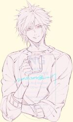 1boy artist_name closed_mouth cloud_strife cropped_torso crossed_arms cup dated final_fantasy final_fantasy_vii hair_between_eyes holding holding_cup long_sleeves looking_at_viewer male_focus short_hair sketch smile solo spiked_hair sweater unfinished upper_body wakakusa-e watermark yellow_background