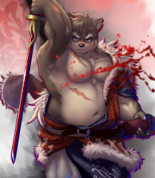 Rule 34 | 1boy, absurdres, animal ears, bara, dog boy, dog ears, facial scar, furry, furry male, guadr, highres, holding, holding sheath, holding sword, holding weapon, katana, looking at viewer, male focus, moritaka (housamo), multiple scars, partially undressed, scabbard, scar, scar on cheek, scar on chest, scar on face, scar on nose, scar on stomach, sheath, sword, tokyo houkago summoners, weapon