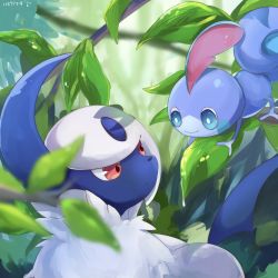 Rule 34 | absol, alternate color, bright pupils, closed mouth, commentary request, creatures (company), eye contact, game freak, gen 3 pokemon, gen 8 pokemon, goma (nabepa nabepa), highres, leaf, looking at another, nintendo, no humans, pokemon, pokemon (creature), red eyes, shiny pokemon, sobble, translation request