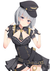 Rule 34 | 1girl, absurdres, black gloves, black hat, black necktie, black shirt, black shorts, black sleeves, blunt bangs, blush, breasts, buckle, cleavage, closed mouth, contrapposto, cowboy shot, fingerless gloves, gloves, grey eyes, grey hair, hat, highres, idoly pride, kana (idoly pride), large breasts, legs apart, long hair, long sleeves, necktie, raised eyebrows, rj edward (artist), shirt, shorts, shrug (clothing), sidelocks, simple background, smile, solo, strapless, strapless shirt, thighs, white background
