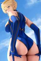 Rule 34 | 1girl, ahoge, artoria pendragon (fate), artoria pendragon (lancer) (fate), ass, ass focus, back, bare shoulders, blonde hair, blue gloves, blue leotard, blue sky, braid, breasts, crown, elbow gloves, fate/grand order, fate (series), french braid, gloves, green eyes, hair between eyes, hands on ass, hands on own ass, heattech leotard, highleg, highleg leotard, highres, large breasts, leotard, long hair, looking at viewer, looking back, sidelocks, sky, solo, thighs, turtleneck, yamaneko (tkdrumsco)