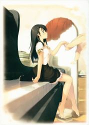 Rule 34 | 1girl, absurdres, barefoot, black hair, blouse, blue eyes, blurry, blush, book, depth of field, feet, from side, full-length mirror, full body, grand piano, highres, indoors, instrument, kantoku, long hair, mini person, minigirl, mirror, piano, plantar flexion, reflection, reflective floor, shirt, sitting, solo focus, white shirt