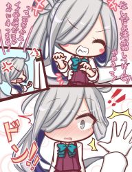 Rule 34 | !, !!, 1girl, ^^^, ^ ^, admiral (kancolle), anger vein, asashimo (kancolle), blue bow, blush, blush stickers, bow, clenched hand, closed eyes, collared shirt, comic, commentary request, dress, closed eyes, gloves, grin, hair over one eye, kantai collection, komakoma (magicaltale), long hair, long sleeves, nose blush, out of frame, ponytail, purple dress, school uniform, sharp teeth, shirt, silver hair, sleeveless, sleeveless dress, smile, teeth, translation request, v-shaped eyebrows, very long hair, kabedon, white gloves, white shirt