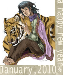 Rule 34 | 10s, 2010, androgynous, bad id, bad pixiv id, barefoot, black hair, gender request, naochika (spoon), new year, original, robe, solo, sweater, tiger, yellow eyes