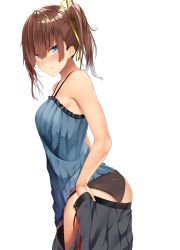 Rule 34 | 1girl, ass, bare shoulders, black panties, blue eyes, blue shirt, blush, brown hair, camisole, clothes pull, from side, frown, hair ribbon, highres, looking at viewer, looking back, medium hair, mengo, panties, ribbon, shirt, simple background, skirt, skirt pull, solo, spaghetti strap, twintails, underwear, undressing, white background, yellow ribbon