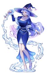 Rule 34 | 1girl, blue bow, blue dress, blue hair, blue hat, bow, breasts, cleavage, coral, dress, earrings, fingernails, floating, gradient hair, grey background, grey footwear, hat, highres, holding, holding wand, hydrokinesis, jewelry, long hair, multicolored hair, nail polish, nashigaya koyomi, necklace, original, pearl necklace, pink lips, pink nails, puffy sleeves, purple hair, red eyes, scales, simple background, smile, solo, teeth, very long hair, wand, water, witch, witch hat