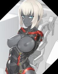 Rule 34 | 1girl, amputee, android, bad id, bad pixiv id, blue eyes, breasts, colored skin, commentary request, expressionless, grey skin, large breasts, looking at viewer, mechanical parts, mikoyan, nipples, nude, original, quadruple amputee, short hair, solo, white hair