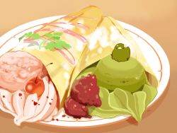 Rule 34 | artist name, bird, brown background, chai (drawingchisanne), cherry, commentary request, crepe, food, food focus, fruit, highres, ice cream, mint, no humans, original, plate, simple background, sitting on food