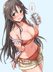 Rule 34 | alcohol, bare shoulders, beer, beer can, bikini, bikini pull, bikini under clothes, blue background, blush, breasts, brown hair, can, casual, cleavage, clothes pull, covered erect nipples, drink can, fang, green eyes, groin, hair between eyes, hair ornament, hairclip, highres, himekawa yuki, idolmaster, idolmaster cinderella girls, large breasts, long hair, looking at viewer, midriff, open mouth, orange bikini, short shorts, shorts, side-tie bikini bottom, simple background, solo, starheart, stomach, strap pull, swimsuit, thighs, tongue, translation request, untied bikini