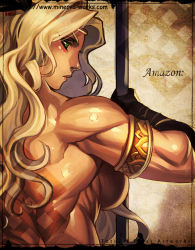 Rule 34 | 1girl, amazon (dragon&#039;s crown), back, bare shoulders, blonde hair, blush, breasts, dragon&#039;s crown, from behind, gloves, green eyes, halberd, large breasts, long hair, looking back, muscular, muscular female, polearm, sayo tanku, sideboob, solo, weapon