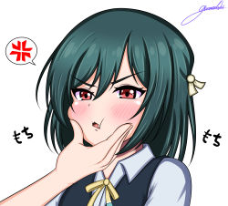 Rule 34 | 1girl, absurdres, anger vein, aqua shirt, artist name, artist request, black hair, black vest, blue hair, bow, bowtie, breasts, buttons, collared shirt, dark blue hair, dark green hair, hair between eyes, hair bow, hair ribbon, hand on face, highres, looking at viewer, love live!, love live! nijigasaki high school idol club, mifune shioriko, neck ribbon, nijigasaki school uniform, orange eyes, parted lips, red eyes, ribbon, school uniform, sharp teeth, shirt, short hair, short sleeves, small breasts, smile, solo, sweater vest, teeth, upper body, v-shaped eyebrows, vest, white background, white shirt, yellow bow, yellow ribbon