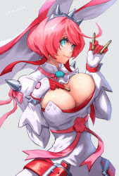 Rule 34 | 1girl, ahoge, animal ears, belt, blue eyes, breasts, bridal veil, bullet, cleavage, clover, dress, elphelt valentine, fake animal ears, four-leaf clover, gloves, grey background, guilty gear, guilty gear xrd, hand on own chest, highres, holding, huge ahoge, large breasts, looking at viewer, looking to the side, object on breast, pink hair, rabbit ears, short hair, simple background, solo, spikes, ura dora, veil, wedding dress, white dress, white gloves