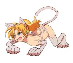Rule 34 | 1girl, all fours, animal ears, animal hands, bad id, bad pixiv id, blonde hair, blue eyes, capcom, cat ears, cat tail, claws, cosplay, fang, felicia (cosplay), felicia (vampire), hairband, jewelpet (series), jewelpet twinkle, long hair, miria marigold mackenzie, nyama, open mouth, parody, solo, tail, twintails, vampire (game)