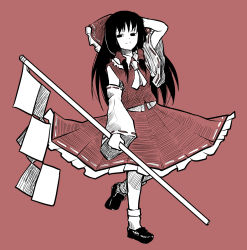 Rule 34 | 1girl, ascot, black footwear, black hair, bobby socks, bow, closed mouth, detached sleeves, frilled bow, frilled skirt, frills, gohei, hair bow, hair tubes, hakurei reimu, hand in own hair, highres, holding, leg up, long hair, looking at viewer, nontraditional miko, peroponesosu., red background, red bow, red ribbon, red shirt, red skirt, ribbon, ribbon-trimmed skirt, ribbon-trimmed sleeves, ribbon trim, shide, shirt, simple background, skirt, socks, solo, touhou, white ascot, white ribbon, white socks, wide sleeves