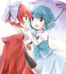 Rule 34 | 2girls, :d, blue bow, blue hair, blue skirt, blue vest, bow, cloak, disembodied head, hair bow, highres, holding head, juliet sleeves, long sleeves, looking at another, multiple girls, open mouth, puchimirin, puffy sleeves, purple umbrella, red hair, sekibanki, short hair, skirt, smile, standing, tatara kogasa, touhou, umbrella, vest