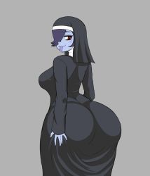 Rule 34 | 1girl, ass, ass grab, back, backboob, breasts, clothes, colored skin, female focus, fibilis, grabbing, grey background, hair over one eye, highres, huge ass, huge breasts, looking back, nun, open mouth, purple hair, red eyes, simple background, skullgirls, smile, solo, squigly (skullgirls), tongue, tongue out