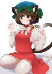 Rule 34 | 1girl, animal ears, bow, bowtie, brown eyes, brown hair, cat day, cat ears, cat tail, chen, closed mouth, commentary request, earrings, full body, green hat, hat, heart, highres, jewelry, juliet sleeves, long sleeves, mob cap, multiple tails, puffy sleeves, red nails, red skirt, red vest, seiza, shirt, short hair, simple background, single earring, sitting, skirt, smile, solo, tail, thighhighs, touhou, two tails, vest, white background, white bow, white bowtie, white shirt, white thighhighs, yomogi 0001