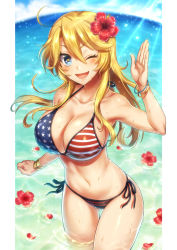 Rule 34 | 10s, 1girl, ;d, ahoge, american flag bikini, bikini, blonde hair, blue eyes, bracelet, breasts, cleavage, collarbone, cowboy shot, day, fisheye, flag print, flower, gluteal fold, hair flower, hair ornament, hand up, hibiscus, iowa (kancolle), jewelry, kantai collection, large breasts, light rays, long hair, looking at viewer, mk, navel, one eye closed, open mouth, partially submerged, red flower, side-tie bikini bottom, sky, smile, solo, star-shaped pupils, star (symbol), swimsuit, symbol-shaped pupils, wading, water