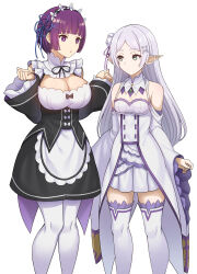 Rule 34 | absurdres, alternate costume, alternate hair length, alternate hairstyle, apron, black dress, black ribbon, blunt bangs, breasts, bright pupils, cleavage, clothing cutout, commentary request, cosplay, detached collar, detached sleeves, dress, elf, emilia (re:zero), emilia (re:zero) (cosplay), enmaided, fern (sousou no frieren), flower, flower knot, frieren, gem, green eyes, green gemstone, grey hair, hair flower, hair ornament, highres, komainu (yamaha1997), long hair, long sleeves, maid, maid headdress, neck ribbon, overskirt, parted bangs, pointy ears, purple eyes, purple ribbon, ram (re:zero), ram (re:zero) (cosplay), ribbon, rose, roswaal mansion maid uniform, short eyebrows, short hair, shoulder cutout, small breasts, sousou no frieren, textless version, thighhighs, white apron, white background, white dress, white flower, white pupils, white rose, white thighhighs, wide sleeves, x hair ornament