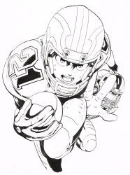 Rule 34 | 2boys, american football, american football (object), american football helmet, american football uniform, ball, clenched hand, eyeshield 21, gloves, greyscale, helmet, highres, holding, holding ball, kobayakawa sena, looking at viewer, male focus, monochrome, multiple boys, murata yuusuke, official art, open mouth, reaching, reaching towards viewer, running, scan, shoulder pads, simple background, sportswear, sweat, traditional media, white background