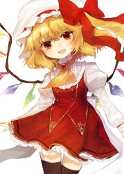 Rule 34 | 1girl, :d, absurdres, adapted costume, ascot, bad id, bad twitter id, black thighhighs, blonde hair, blush, bow, brooch, buttons, commentary request, cowboy shot, crystal, double-breasted, flandre scarlet, hat, head tilt, highres, jewelry, juliet sleeves, long sleeves, looking at viewer, mob cap, one side up, open mouth, petticoat, puffy sleeves, red bow, red eyes, red skirt, red vest, shirt, short hair, shoudoku taishi (taishi), simple background, skirt, skirt set, smile, solo, thighhighs, touhou, vest, white background, white shirt, wings, yellow ascot, zettai ryouiki