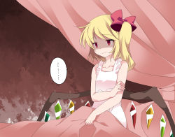 Rule 34 | 1girl, :/, bad id, bad pixiv id, bare shoulders, bed, blanket, blonde hair, breast conscious, chemise, collarbone, despair, empty eyes, flandre scarlet, flat chest, hammer (sunset beach), on bed, pillow, red eyes, sad, sad smile, shaded face, side ponytail, smile, solo, touhou, waking up, wings