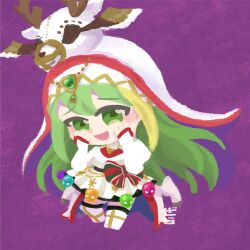 Rule 34 | 1girl, :d, alina gray, bad id, bad twitter id, blonde hair, blush, boots, bow, chibi, deer head, feathered wings, full body, gera-magia, green eyes, green hair, hands on own face, holy alina, knee boots, long hair, long sleeves, looking at viewer, magia record: mahou shoujo madoka magica gaiden, magical girl, mahou shoujo madoka magica, multicolored hair, muzzle, official alternate costume, open mouth, sidelocks, skirt, smile, solo, streaked hair, waist bow, white footwear, white skirt, wings