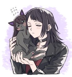 1girl 2girls akni animal animalization bang_dream! bang_dream!_it&#039;s_mygo!!!!! black_choker black_hair black_jacket blush cat choker closed_eyes closed_mouth commentary_request holding holding_animal holding_cat jacket korean_commentary medium_hair multiple_girls red_shirt shiina_taki shirt solo upper_body yahata_umiri