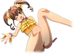 Rule 34 | 1girl, akagi benio, antenna hair, arm support, artist request, bare shoulders, bead bracelet, bead necklace, beads, bikini, blush, bracelet, breasts, brown eyes, brown hair, code geass, code geass: lost stories, collarbone, cropped legs, drill hair, dutch angle, female focus, flower, frilled bikini, frills, game cg, hair between eyes, hair flower, hair ornament, hand up, happy, highres, jewelry, knees up, legs, light blush, looking at viewer, matching hair/eyes, medium hair, necklace, non-web source, official art, one eye closed, open mouth, orange bikini, polka dot, polka dot bikini, raised eyebrows, shiny skin, sidelocks, simple background, sitting, small breasts, smile, solo, spread fingers, swimsuit, thighs, transparent background, twin drills, twintails, wet, white flower, wink