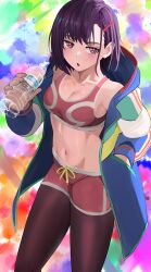 Rule 34 | 1girl, black pantyhose, blue jacket, blush, bottle, breasts, cleavage, commentary, cowboy shot, dolphin shorts, hair ornament, hairclip, hand in pocket, highres, holding, holding bottle, jacket, jourd4n, long sleeves, looking at viewer, medium breasts, midriff, mikazuki shizuka, multicolored background, navel, open clothes, open jacket, pantyhose, parted lips, pink eyes, purple hair, red shorts, red sports bra, short hair, short shorts, shorts, solo, sports bra, stomach, water bottle, zom 100: zombie ni naru made ni shitai 100 no koto