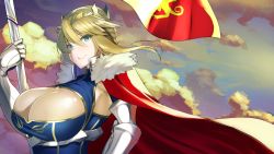 Rule 34 | 1girl, armor, bad id, bad twitter id, blonde hair, braid, breasts, cape, cleavage, cleavage cutout, clothing cutout, fate/stay night, fate (series), flag, gauntlets, green eyes, large breasts, muunyan (yumenekoya), red cape, shiny skin, smile, solo