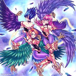 Rule 34 | 3girls, absurdres, artist name, bare shoulders, blue hair, breasts, choker, claws, cleavage, clip studio paint (medium), commentary, derivative work, duel monster, energy whip, english commentary, feathered wings, feathers, gradient hair, green eyes, green feathers, harpie lady, harpie lady #1, harpie lady #2, harpie lady #3, harpie lady 1, harpie lady sisters, harpy, highres, long hair, medium breasts, monster girl, multicolored hair, multiple girls, orange hair, pink hair, pinkpio1, pointy ears, purple feathers, purple hair, short hair, siblings, sisters, spiked hair, talons, very long hair, whip, winged arms, wings, yu-gi-oh!
