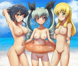 Rule 34 | 3girls, anchovy (girls und panzer), armpits, arms behind back, arms behind head, arms up, beach, black hair, blonde hair, blush, braid, breasts, brown eyes, carpaccio (girls und panzer), cleft of venus, drill hair, girls und panzer, green eyes, green hair, highres, innertube, large breasts, long hair, looking at viewer, multiple girls, navel, nipples, nude, nude filter, one eye closed, pepperoni (girls und panzer), pussy, red eyes, short hair, side braid, smile, solokov (okb-999), swim ring, third-party edit, twintails