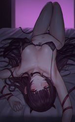 Rule 34 | 1girl, bed sheet, black choker, blunt bangs, blush, bra, breasts, chinese commentary, choker, closed mouth, collarbone, commentary request, covered erect nipples, demon horns, girls&#039; frontline, highres, horns, knees up, long hair, lying, medium breasts, mixed-language commentary, navel, on back, on bed, panties, purple hair, red eyes, ribbon, selcky, solo, stomach, thigh gap, thighs, underwear, underwear only, very long hair, wa2000 (girls&#039; frontline), wavy hair