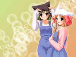 Rule 34 | 00s, 2girls, age difference, animal ears, animal hat, black hat, blouse, bow, cat ears, cowboy shot, fake animal ears, from side, gradient background, green background, hat, highres, mature female, mother and daughter, multiple girls, official art, official wallpaper, orange background, outline, overalls, parted bangs, pink bow, pink shirt, pocket, shigure ama, shigure asa, shirt, short hair with long locks, shuffle!, standing, wallpaper, white hat, white shirt