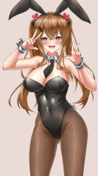 Rule 34 | 1girl, absurdres, animal ears, arms up, black leotard, breasts, brown hair, cleavage, cowboy shot, crossed bangs, detached collar, double v, fake animal ears, fake tail, girls&#039; frontline, hair between eyes, highres, hoppo, large breasts, leotard, necktie, pantyhose, playboy bunny, rabbit ears, rabbit tail, scar, scar across eye, scar on face, smile, strapless, strapless leotard, tail, twintails, ump9 (girls&#039; frontline), v, wrist cuffs