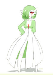 Rule 34 | 1girl, absurdres, akatori (redbird), artist name, blush, blush stickers, breasts, collarbone, creatures (company), dated, female focus, full body, game freak, gardevoir, gen 3 pokemon, green hair, hair over one eye, hand on own hip, hand up, highres, legs apart, looking at viewer, nintendo, pokemon, pokemon (creature), red eyes, short hair, simple background, small breasts, solo, standing, twitter username, watermark, white background