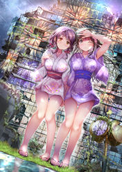 Rule 34 | 2girls, absurdres, bare legs, black hair, blue sky, blush, bow, breasts, clock, closed mouth, collarbone, dutch angle, fireworks, floral print, grass, hair bow, hair over shoulder, hand on own chest, hand on own forehead, highres, holding hands, japanese clothes, kimono, large breasts, legs, long hair, looking at another, looking at viewer, medium hair, multiple girls, ogata tei, one eye closed, orange eyes, original, panties, pantyshot, pink kimono, print kimono, purple hair, purple kimono, purple sky, red bow, reflection, reflective water, ruins, sandals, short kimono, short yukata, sidelocks, sky, smile, toes, underwear, white panties, window, yellow eyes, yukata, yuri, zouri