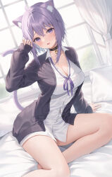 Rule 34 | 1girl, ahoge, animal ear fluff, animal ears, arm up, barefoot, black collar, blue hair, blush, breasts, cat ears, cat girl, cat tail, cleavage, collar, colored inner hair, curtains, fang, highres, hololive, jacket, large breasts, looking at viewer, me meel, medium hair, multicolored hair, naked shirt, neck ribbon, nekomata okayu, nekomata okayu (oversized shirt), official alternate costume, pillow, purple eyes, purple hair, purple jacket, purple ribbon, ribbon, shirt, skin fang, smile, solo, tail, virtual youtuber, white shirt, window