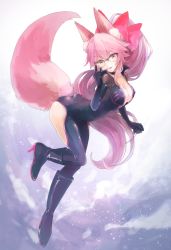 Rule 34 | 1girl, 241 (nishiki), adjusting eyewear, animal ear fluff, animal ears, bad id, bad pixiv id, bodysuit, boots, breasts, choker, cleavage, elbow gloves, eyewear strap, fate/grand order, fate (series), fox ears, fox tail, glasses, gloves, hair ribbon, high heel boots, high heels, highres, koyanskaya (assassin) (first ascension) (fate), koyanskaya (fate), leg up, long hair, medium breasts, open clothes, pink hair, ponytail, ribbon, solo, tail, tamamo (fate), yellow eyes