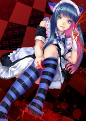 10s 1girl absurdres animal_ears bad_id bad_pixiv_id blood blood_on_face blue_hair colored_inner_hair feet female_focus gloves green_eyes highres maid maid_headdress multicolored_hair object_spring panty_&amp;_stocking_with_garterbelt simple_background sitting solo stocking_(psg) striped_clothes striped_thighhighs text_background thighhighs tongue two-tone_hair wall_of_text