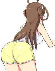 Rule 34 | 10s, 1girl, ass, bad id, bad pixiv id, bare arms, bare shoulders, bent over, cowboy shot, double bun, from behind, hair bun, kantai collection, kongou (kancolle), long hair, pantylines, shigure ryuunosuke, shirt, shorts, simple background, sleeveless, solo, standing, tank top, white background, white shirt, yellow shorts