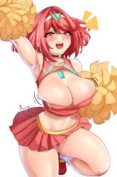 1girl anisdrawn artist_name bare_shoulders blush breasts cheerleader cleavage collarbone core_crystal_(xenoblade) female_focus highres large_breasts looking_at_viewer matching_hair/eyes nintendo open_mouth pom_pom_(cheerleading) pyra_(xenoblade) red_eyes red_hair short_hair solo teeth thick_thighs thighs upper_teeth_only wide_hips xenoblade_chronicles_(series) xenoblade_chronicles_2