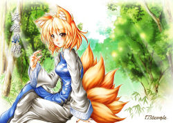 Rule 34 | 1girl, animal ears, blonde hair, blush, day, female focus, forest, fox ears, fox tail, from side, kemu inu, light rays, long sleeves, looking at viewer, looking to the side, multiple tails, nature, no headwear, no headwear, orange eyes, outdoors, plant, short hair, solo, tabard, tail, touhou, tree, yakumo ran